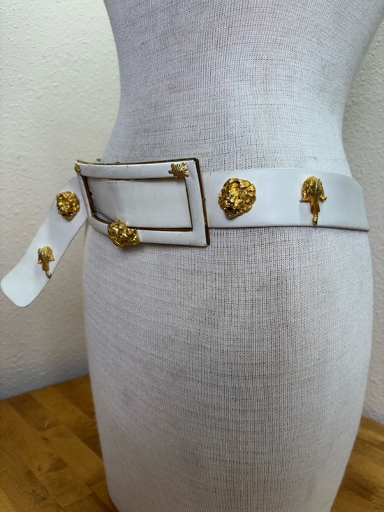 Vtg Judith Leiber White Leather Belt Gold Animal Head Lion Rhino Elephant Turtle main image 12